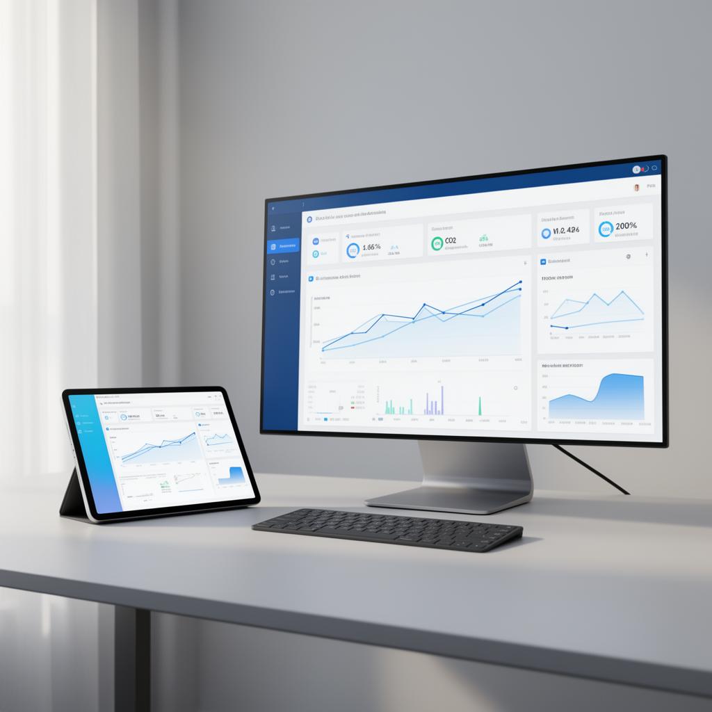 Monitor en tablet met analyses van CO₂, kWh en kosten op een bureau