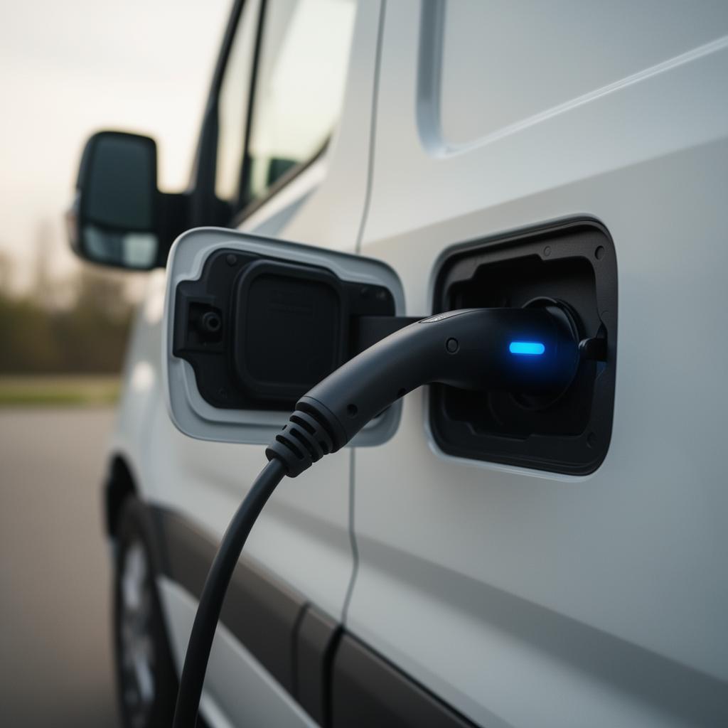 Close-up van een laadkabel die wordt aangesloten op een elektrische bestelwagen