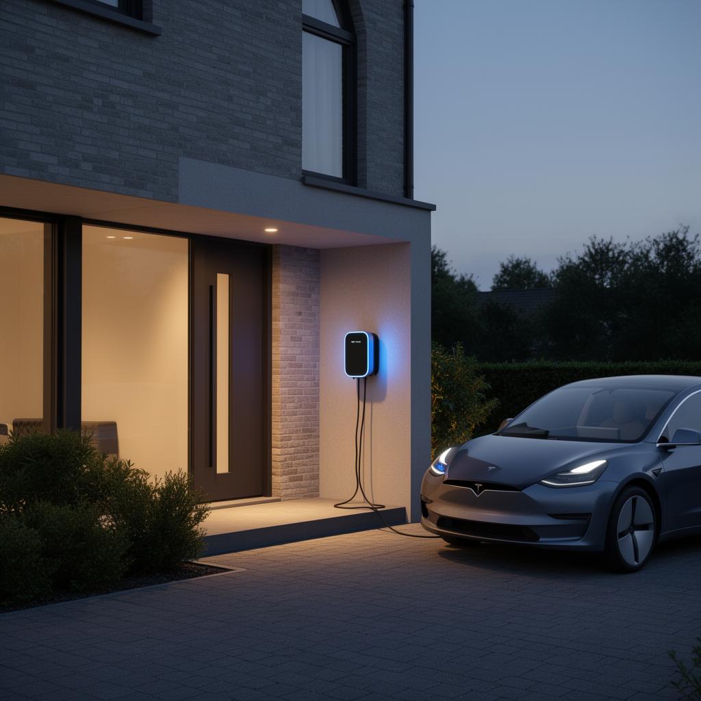 Thuislader op een Belgische oprit naast een elektrische wagen in de schemering