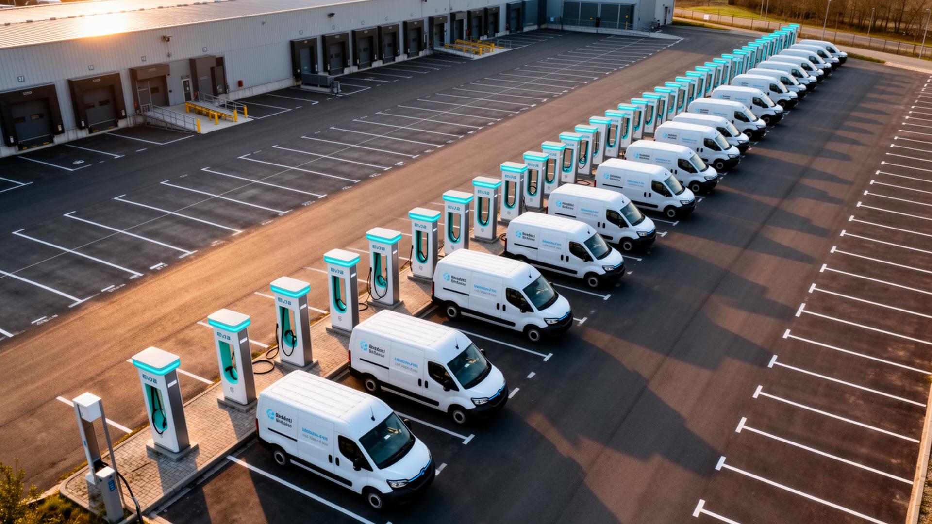 Luchtfoto van een bedrijfsparking met rijen laadpunten en elektrische bestelwagens