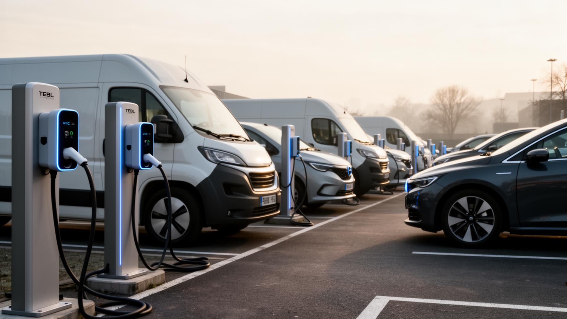 Elektrische bedrijfswagens aan AC-laadpunten op een Medina-parking in de ochtend