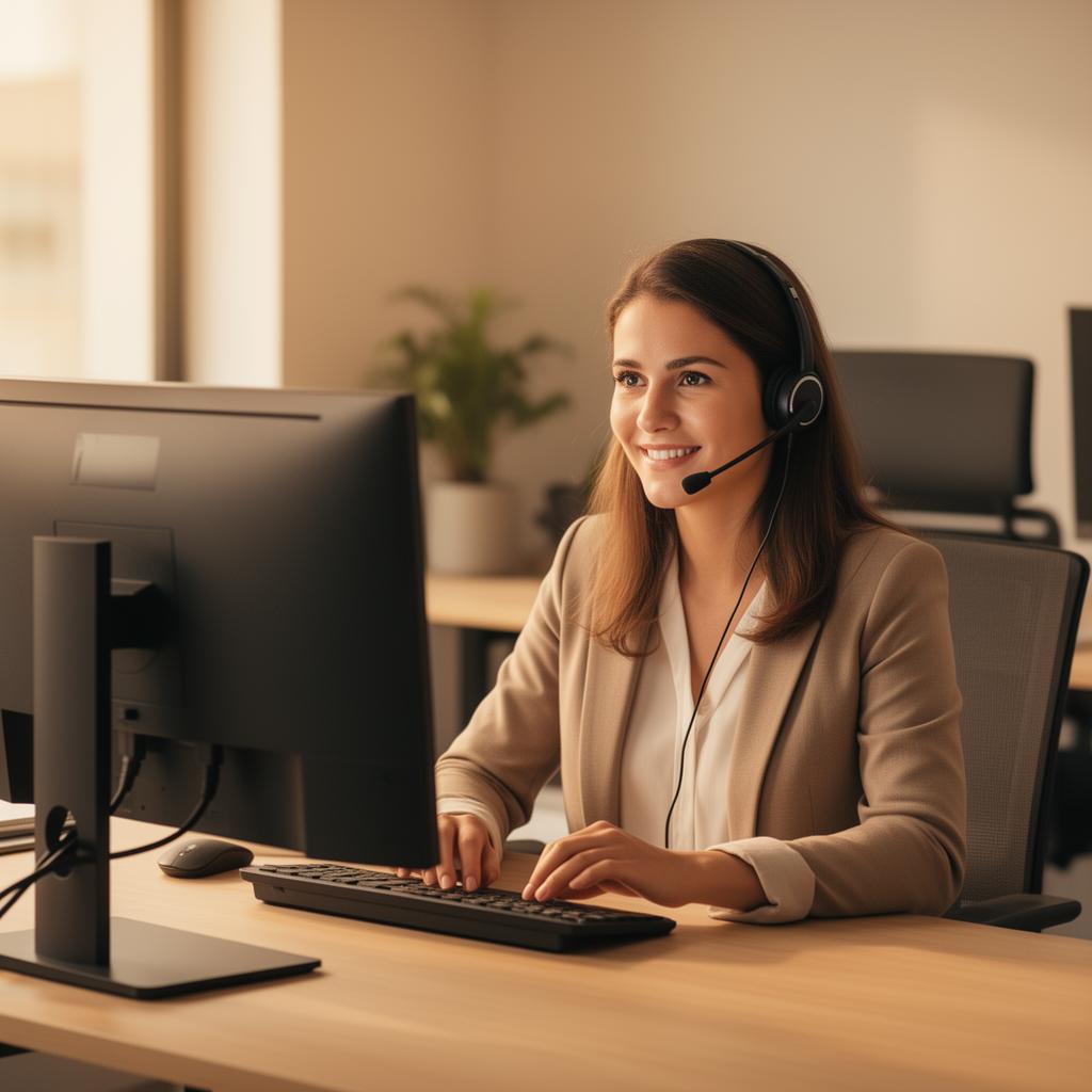 Blulinc support-medewerker met headset aan het werk in een warm verlicht kantoor